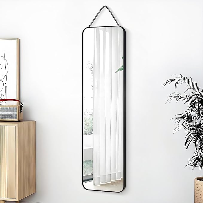 SCWF-GZ 47x14 Mirror Full Body Length Door Hanging/Rope Hang/Wall Mounted Metal Frame Rectangle Mirrors for Bedroom Bathroom Dressing Living Room 47 inch Black