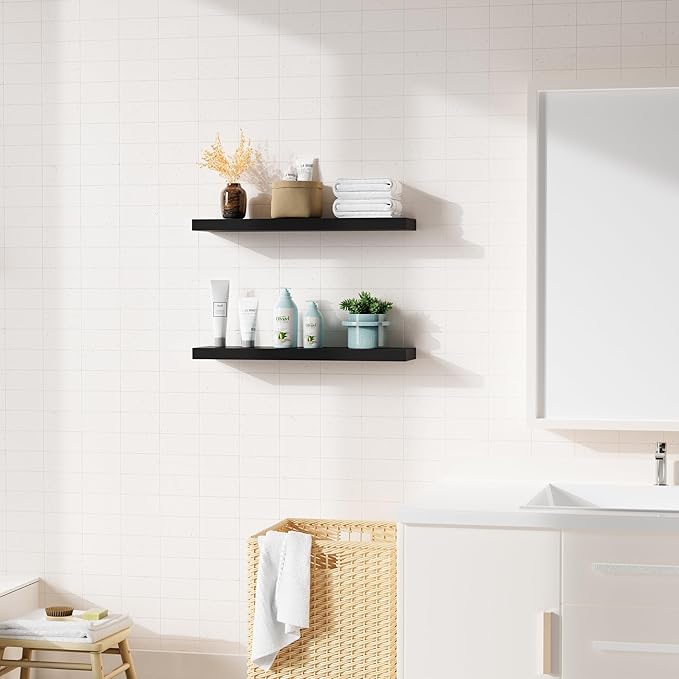 Bellsal 2-Pack Black Modern Floating Shelves, 24" Wall Mounted, Set of 2 Wooden Wall Shelf for Kitchen, Living Room, Bedroom, Bathroom Storage