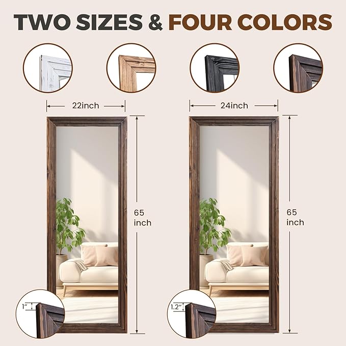 65"x22" Full Length Mirror Solid Wood Frame Floor Mirror with Stand for Living Room, Bedroom Hanging Standing or Leaning, Brown