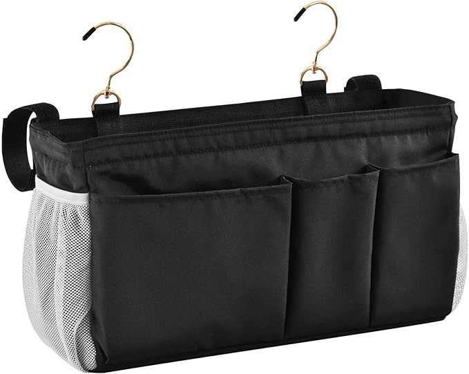 Black Bedside Caddy Storage Bag Bedside Organizer for Bed Rails College Dorm Room Organizer Caddy Hanging Shelf 6 Pockets with Hooks for Drinks Magazine Phone Holder