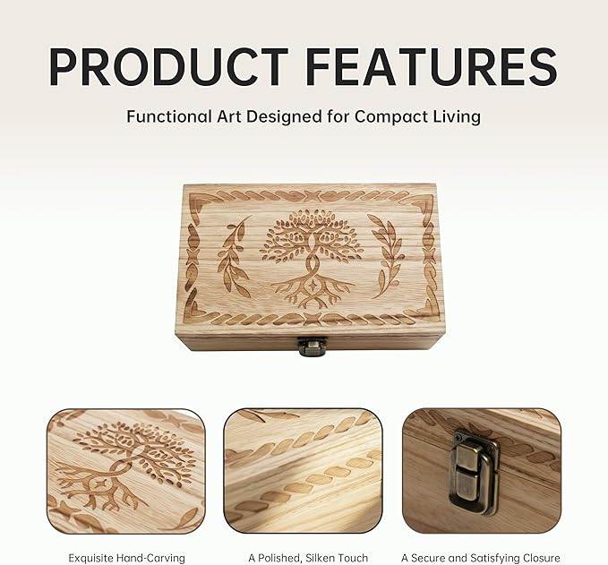 Keepsake Box 7.8" Vintage Wooden Box with Hinged Lid - Decorative Small Memory Chest for Women & Girls, Wooden Jewelry Box with Hand-Engraved Tree of Life