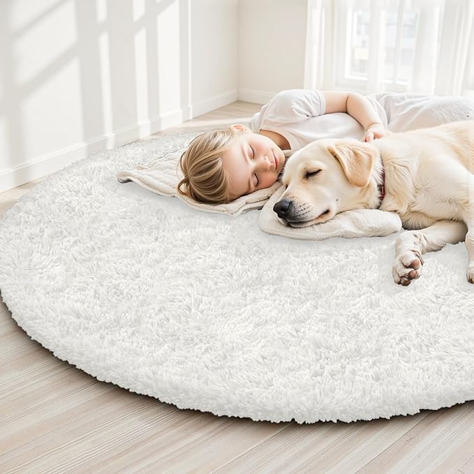 White Round Fluffy Rug 6ft,Soft Bedroom Circle Rugs Mats for Kids Girls Nursery Room,Washable Plush Shaggy Indoor Non Slip Rug for Bedside Living Room Bedroom Circular Carpet,Home Decor Aesthetic