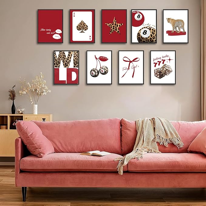 9Pcs Trendy Red Leopard Wall Art Prints Funky Lucky 8 Ball Posters Preppy Cheetah Aesthetic Wall Decor Pictures Girly Bedroom Apartment Dorm Unframed 8x10in