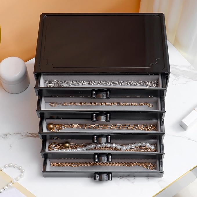 YUFONG Necklace Holder Organizer, Dustproof Necklace Box Velvet Necklace Organizer Box with Lid Clear Acrylic Dustproof Stackable Jewelry Displays for Necklaces Chain Display (Black Gray, 5 Drawer)