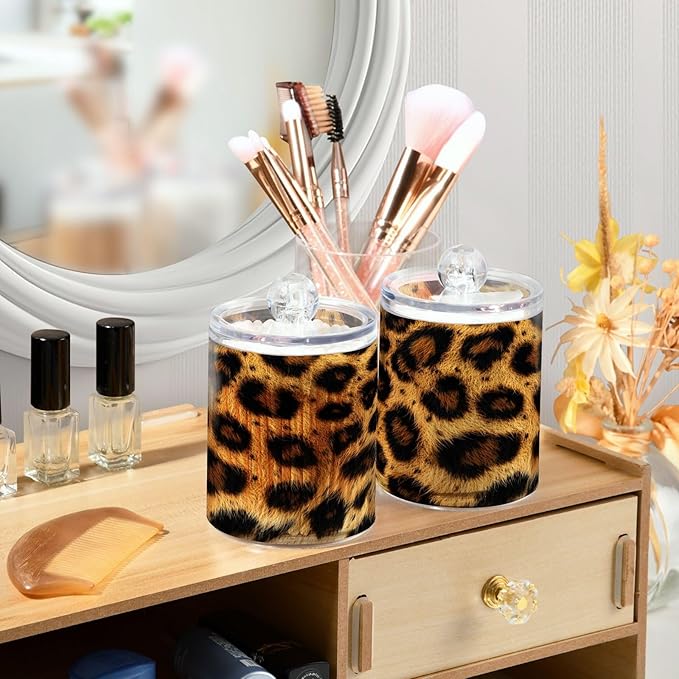 Nander 4Pack Beautiful Brown Leopard Print Qtip Holder Dispenser -Clear Plastic Apothecary Jars Set - Restroom Bathroom Makeup Organizers Containers for Cotton Swab, Ball, Pads, Floss