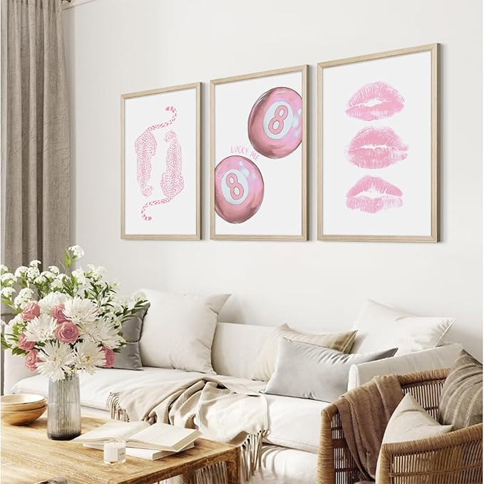 Pink Cheetah Wall Art Decor Trendy Leopard Prints Preppy Aesthetic Canvas Room Decor Y2k Leopard Wall Art 8 Ball Poster Coquette Funky Fashion Artwork for Girls Bedroom 16x24x3 Inch Wood Framed