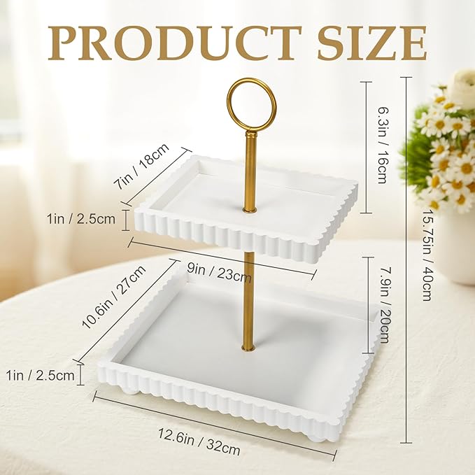 Wooden Two Tiered Tray Stand for Decor, Modern 2 Tier White Rectangular Decorative Tray with Gold Handle Farmhouse Countertop Serving Display Stand for Home Kitchen Coffee Bar Table Centerpiece