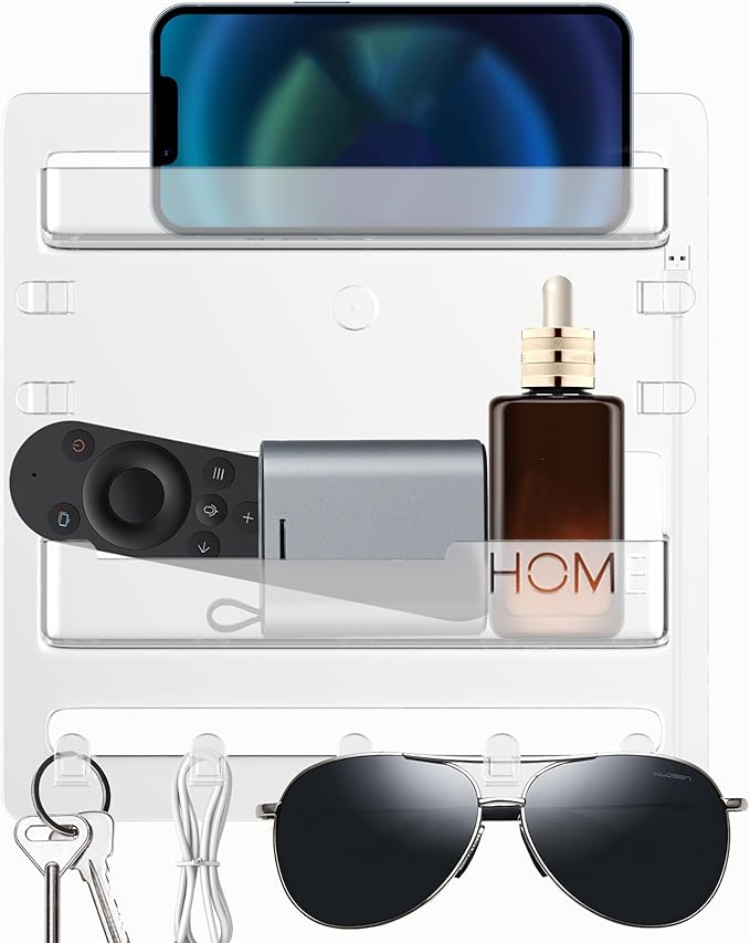 Bedside Wall Mount Organizer,Bedside Wall Shelf Accessories Floating Shelves Stick On for Bedroom Storage Organization,Aesthetic Room Dorm Decor for Girls,Cute Stuff for Teens,5 Hooks-Clear