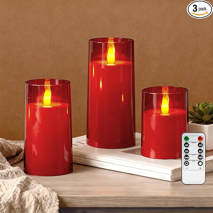 Raycare Flameless Electronic Pillar Candles with Remote Control and Timer- Battery Operated Realistic Flickering LED Fake Candle for Home, Wedding, Valentine's Day Decor,Red,Set of 3(3"x4"5" 6")