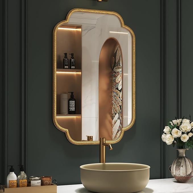 Uniclinens Gold Scalloped Mirror Wall Decor - Large Decorative Wall Mirror 36"X24" with Vintage Baroque Metal Frame, Ideal for Entryway, Fireplace, Living Room, Hallway, Bathroom