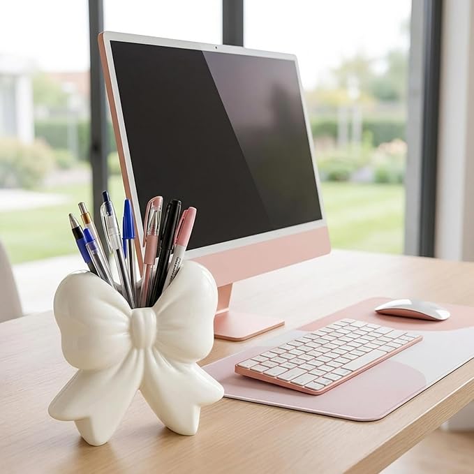 Jingmore White Bow Vase Coquette Ceramic Vase for Wedding Pen Holder Makeup Brush Holder Contemporary Design Decorative Women Gift for Home Office Shelf Table Room(Small, Classic)