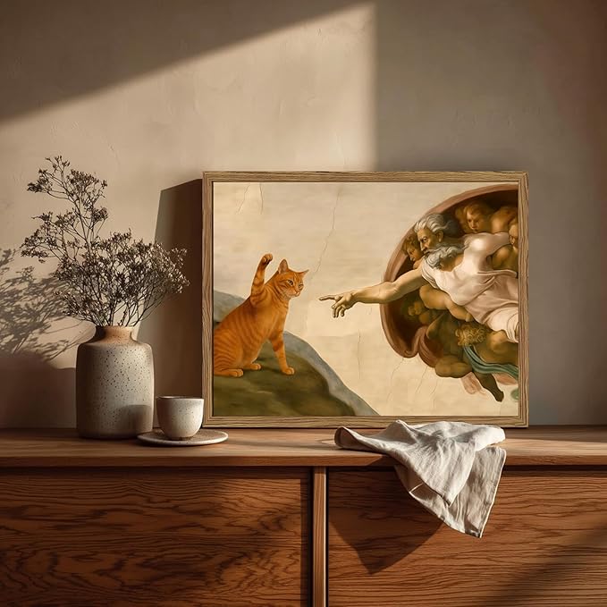 Funny Creation of Adam and Cat Wall Art, Whimsical Cat and God Wall Decor Painting Quirky Michelangelo and Animal Poster Canvas Print for Bedroom Living Room 16x24 inch Wood Framed