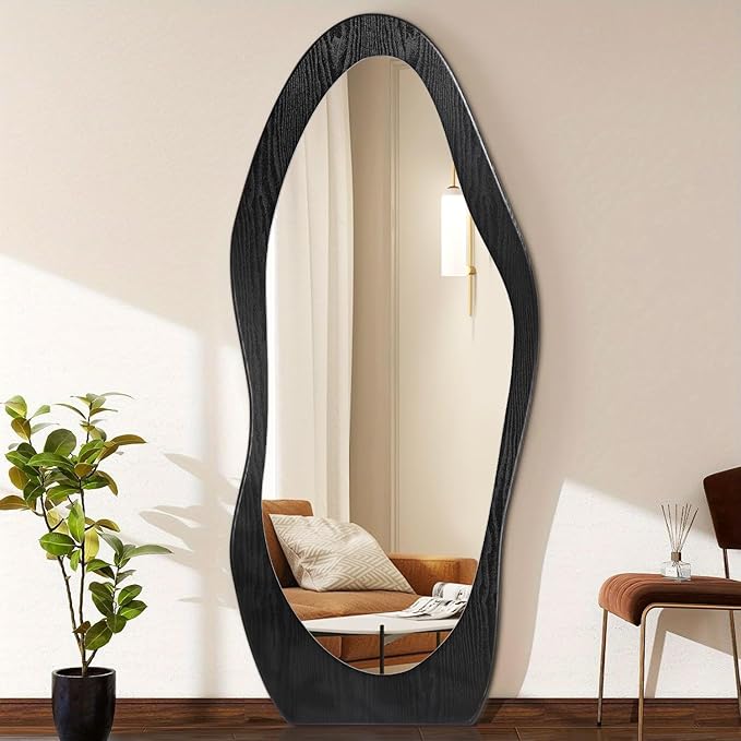 Full Length Mirror Black Irregular Wavy Mirrors 59" x 24" Asymmetrical Wall-Mounted Full Body Standing Mirror Wood Frame Mirrors for Cloakroom Bedroom Living Room