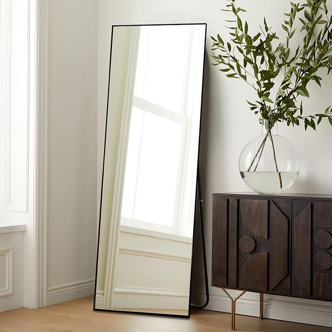 NeuType Full Length Mirror, 59"x16" Full Body Mirror with Stand Floor Mirror Full Length Standing Mirror Wall-Mounted Mirror Hanging or Leaning Against Wall Aluminum Alloy Thin Frame (Black)