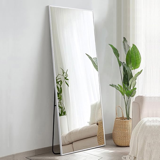 Sunniry Full Length Mirror with Stand, Full Body Mirror with Aluminum Metal Frame, Standing Mirrors for Bedroom, Livingroom, Bathroom, Hallway, Cloakroom, Wedding. (56x16 inch, White)