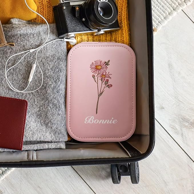 BYFDIY Custom Jewelry Box With LED Light and Makeup Mirror Leather Travel Jewelry Case Organizer Personalized Birth Flower Name Jewelry Boxes For Women