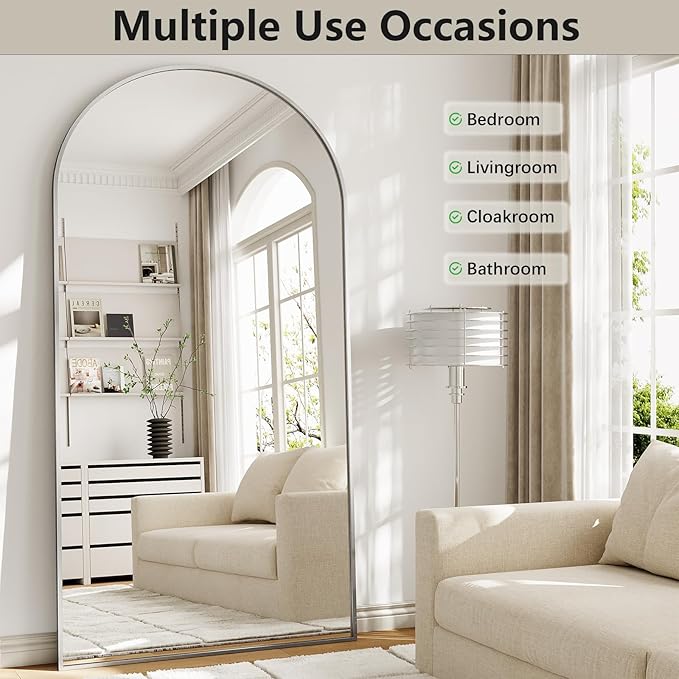 Oversized Full Length Mirror, 35"x78" Large Arched Floor Mirror Full Length with Stand, Room Decor Big Full Body Mirror with HD Tempered Glass Aluminum Frame for Bedroom Living Room, Silver
