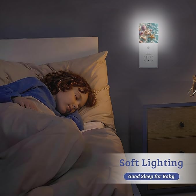 Beach Starfish Night Light Plug Into Wall with Dusk to Dawn Sensor Wall Lamp, LED Nightlights for Bedroom, Bathroom, Kitchen, Hallway, Room Decorative for Boys Girls Women Men Gifts