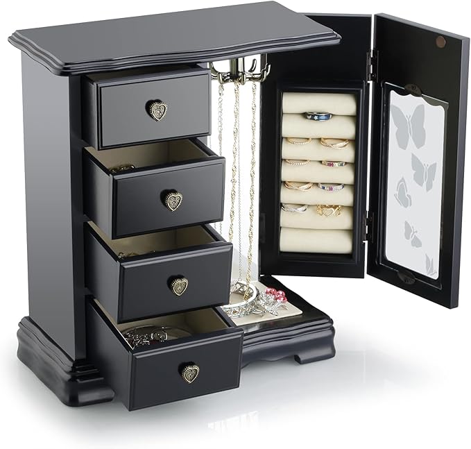 RR ROUND RICH DESIGN Solid Wooden Jewelry Box Makeup and Organizer Women Ring Storage with 4-Drawers Built-in Necklace Carousel and Mirror Black