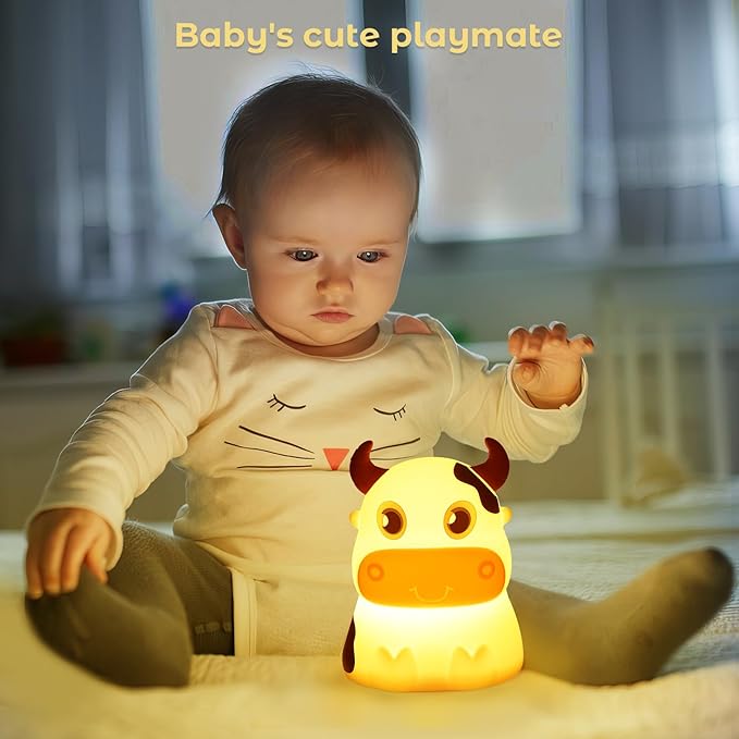 AVEKI Night Light for Kids, Portable Tap Control Nightlight Lamp, 7 Colors Mode, Silicone Cute Animal Cow LED Nursery Night Lamp Bedroom Decor for Baby Infant or Toddler (Cows-Battery Powered)