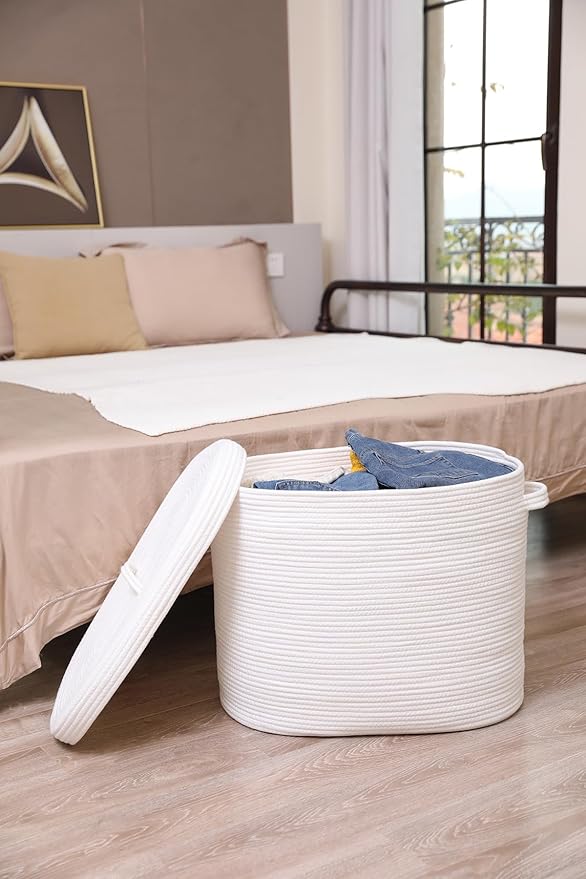 22"x14"x18" Rectangular Extra Large Storage Basket With Lid, Large Cotton Rope Storage Basket, Woven Laundry Hamper, Cloth Storage Bin, for Clothes Towels Blankets in Living Room, All White