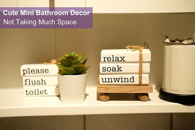 Farmhouse Mini Bookstack for Bathroom Decor Wooden Books for Restroom Shelf Decorative Accent for Guest Bathroom Sign, 2 Signs in 1 Reversible - Wash Your Hands/Relax Soak Unwind