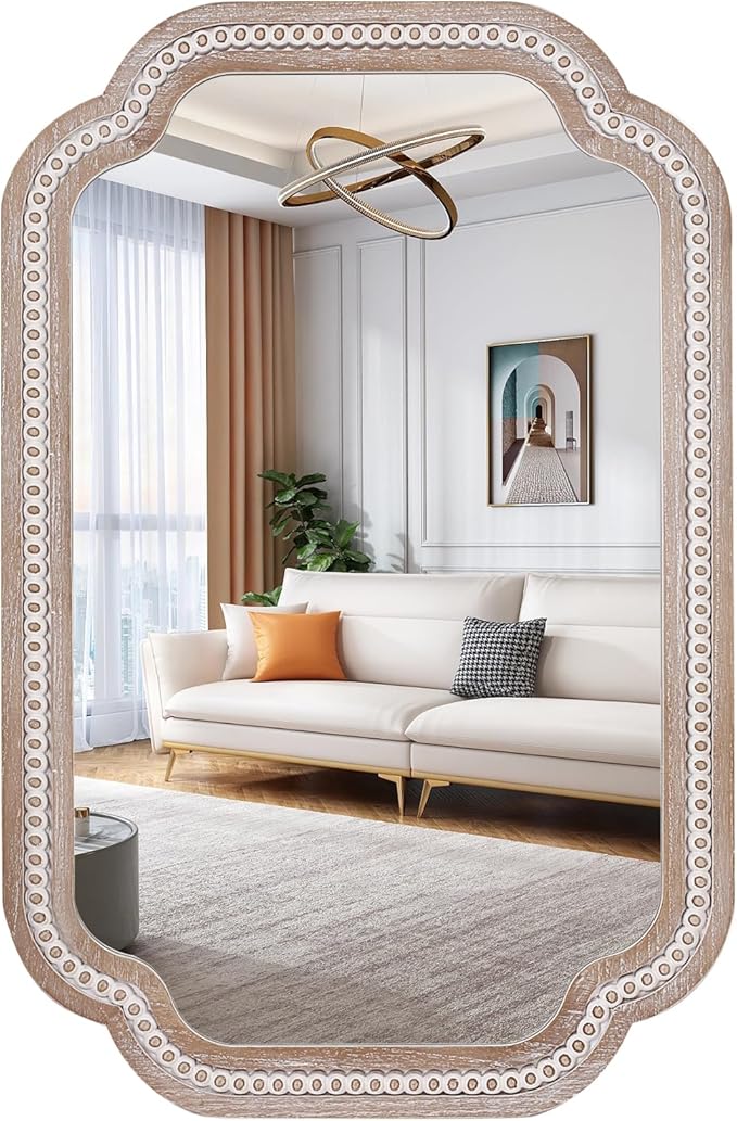 36x24 Inch Wooden Wall Mirror Decorative with Aesthetic Scalloped Edge Design, Rustic Farmhouse Mirrors for Bathroom Over Sink, Living Room, Bedroom, Entryway (Vertical/Horizontal)