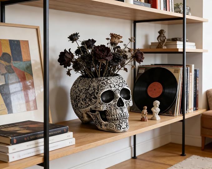 Skull Bowl Decorative Skull Vase Makeup Brush Pen Holder Organizer Dresser Gothic Table Organizer Decoration, Antique Silver Skull Pot Enthusiasts Gifts