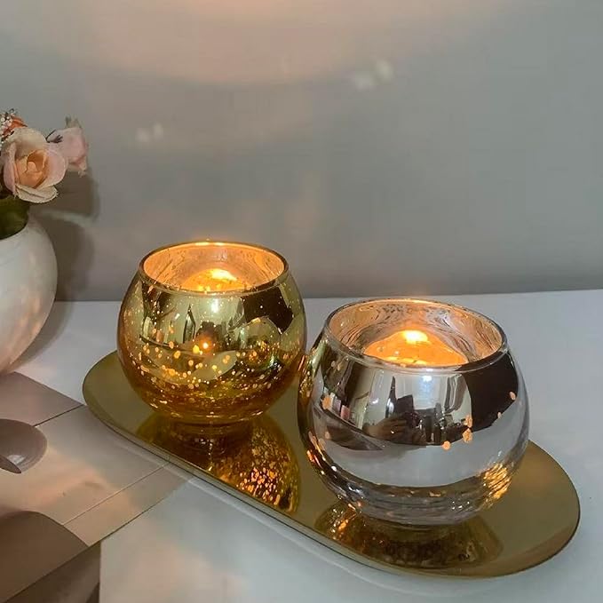 Glass Candle Holder with Golden Color Stainless Steel Tray Set, Glass Tea Light Candle Holder for Table Centerpiece, Candle Dish Coffee Table Decor Festival Home Decorations Jewelry Make Up Organizer