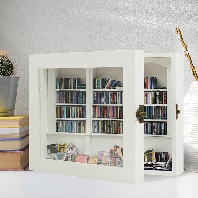 Anxiety Bookshelf - Shake Off Your Anxiety,Miniature Display Shelf,Contains 200 Miniature Book Models,Antique Style Gift Decoration Mini Bookshelf (White)
