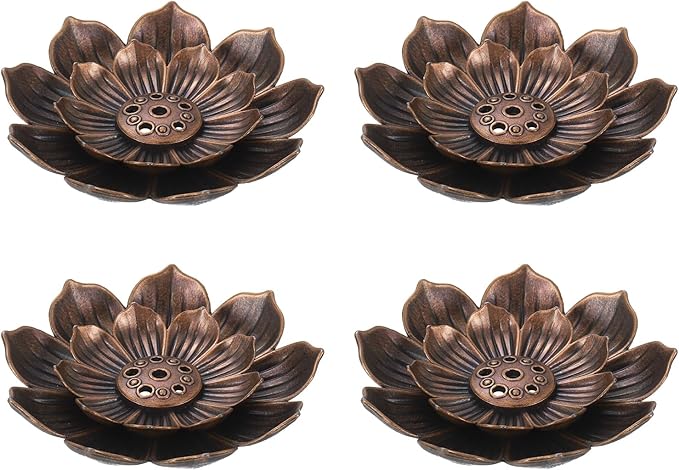 uxcell 4pcs Incense Burner Kit, Brass Lotus Stick Incense Holder 6 Incense Holes Detachable Ash Catcher for Yoga, Meditation, Copper