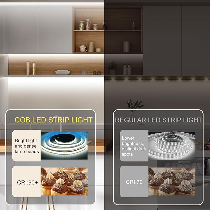 ZSLAIFU Battery Powered LED Strip Lights, 3.3FT COB LED Strip Light, Battery Operated LED Lights, White LED Strip Lights Battery Powered for Closet, Cabinet, Shelf, Kitchen, DIY Lighting