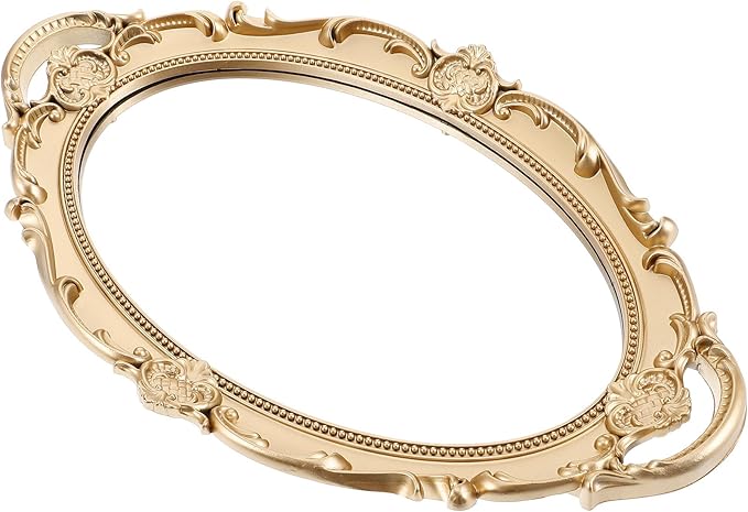 Vintage Decorative Wall-Mounted Mirror with Baroque Embossed Frame, 36x23cm Dark Gold Oval Makeup Vanity Tray, Retro Princess Style Jewelry and Makeup Organizer for Bedroom Wall