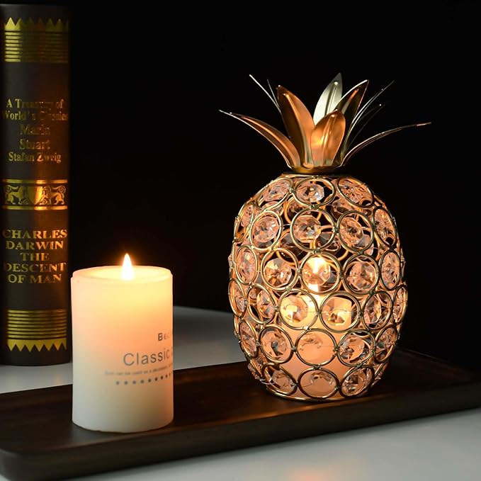 Set of 3 Elegance Crystal Metal Pineapple Pear Table Centerpiece Handmade Crystal Candlestick Hollow Fruit Ornament Home Party Wedding Holiday Decoration (Gold, Set of 3)