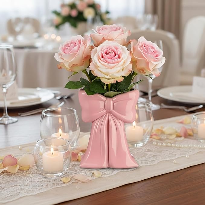 Jingmore Pink Bow Vase Coquette Ceramic Vase Pen Holder Makeup Brush Holder Contemporary Design Decorative Women Gift for Wedding Home Office Shelf Table Room(Medium, Elegant)