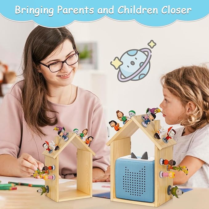 for Tonies Shelf Magnetic - for Tonies Figure Organizer Kids Room, Wooden Display Shelf for Tonies Box Holder, Wall Floating Shelves Toy Storage, House Shape Set of 2 with 38Pcs Adhesive Metal Plate