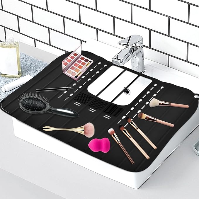 Bathroom Sink Cover for Counter Space, Foldable Silicone Makeup Organizer Mat for Over Countertop, with Hanging Loop Heat-Resistant Sink Cover for Makeup(Color:Black)
