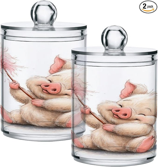 2 Pack Apothecary Jars,Cute Pig Sweet Bathroom Vanity Storage Organizer Set,Small Clear Plastic Storage Jars Bathroom Canister for Cotton Swabs,Rounds,Balls,Qtips,Makeup Sponges