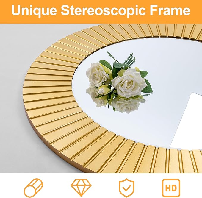 Chende 42'' Round Gold Mirror for Living Room, Large Decorative Mirror for Wall with Wood Frame, Elegant Accent Gold Mirrors for Bathroom, Entryway, Bedroom