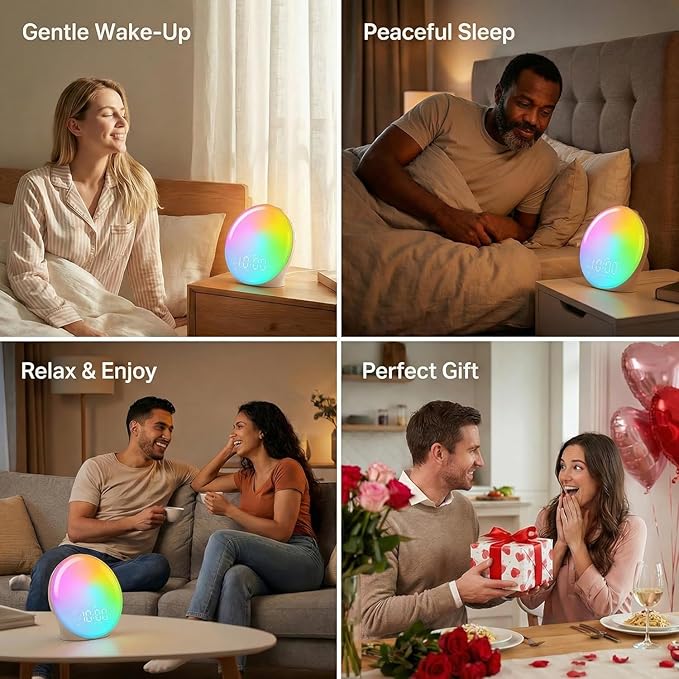 JALL Sunrise Alarm Clock with 25 Soothing Sounds, White Noise Sound Machine for Sleep, Sunset Lamp & 5W Bluetooth Speaker, Dual Alarms for Heavy Sleepers, Kids, Adults, Bedrooms, Wood Grain