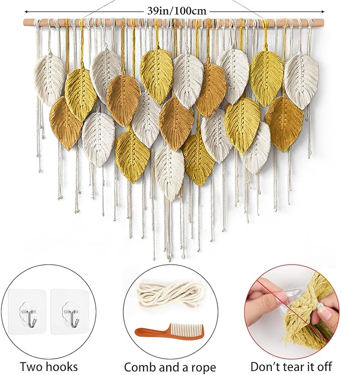 KHOYIME Large Macrame Wall Hanging Boho Woven Tapestry, Bohemian Farmhouse Handmade Yellow Leaf Feather Wall Art Chic Modern Home Decoration for Living Room Bedroom Nursery Dorm Backdrop 39"W X 29.5"L