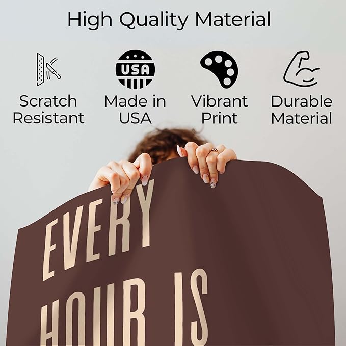 InkFlow Posters Every Hour Happy Hour Poster - Retro Typography Quote Art - Warm Brown Minimal Design - Kitchen Bar Wall Decor Accent - Modern Home Print - 18x24 Unframed Canvas Print