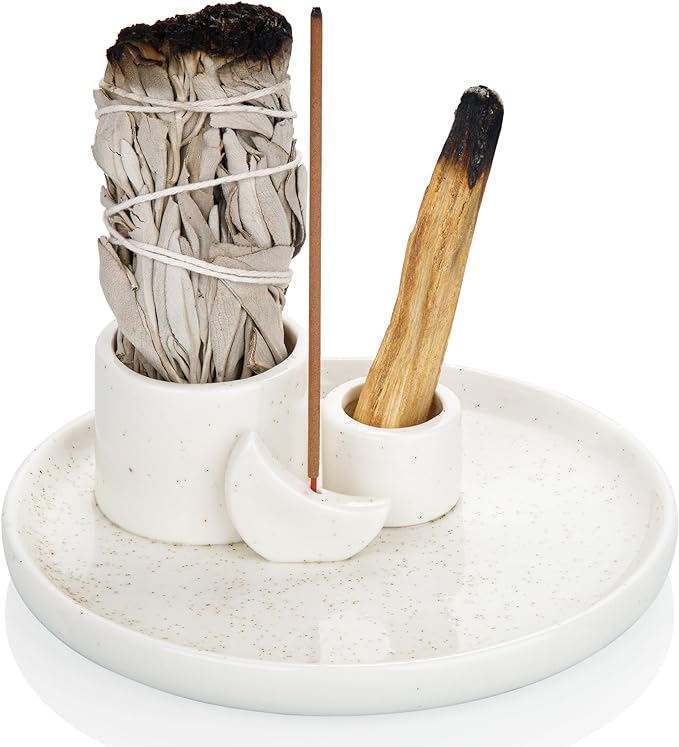 ZenBless Incense Burner, Palo Santo Sage Candle Holder for Burning, Incense Holder for Sticks, Ceramic Ash Catcher Tray for Meditation Yoga Room Home Decor Spritual Gifts(White)
