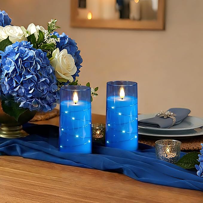 Homemory Flameless Candles with Embedded Star String Fairy Lights, Battery Operated Candles, LED Candle, Fake Candles with Remote Control and Timer, Blue, Set of 2(H 6" 6")