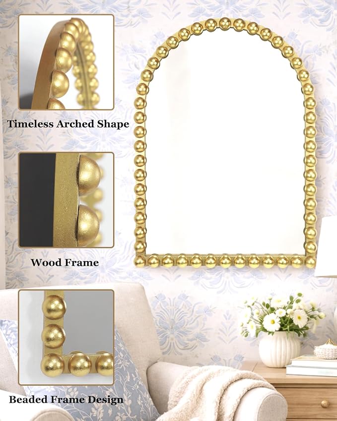 Gold Beaded Arched Wall Mirror 22x30 Inch, Vintage Decorative Arch Mirror with Beaded Frame, Accent Mirror for Entryway, Bathroom, Living Room, Bedroom, Fireplace
