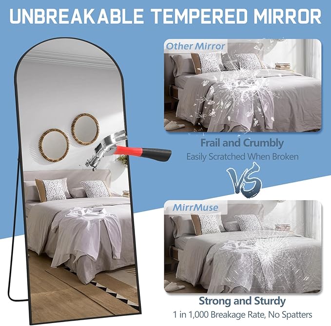 MirrMuse 76"X34" Large Arched Floor Mirror Full Length with Stand, Black Hanging or Leaning Standing Full Length Mirror for Bedroom Living Room Gym, Full Body Mirror Wall Mounted, Tempered Glass