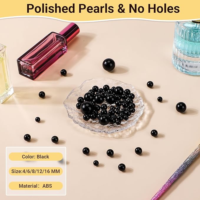 Suream Black Polished Pearls 350Pcs, ABS Undrilled Art Faux Beads for Makeup Brush Holder, No Hole Imitation Round Pearl for Vase Filler, Wedding Table Scatter, Birthday Party, Home Decor, 12mm/0.47In