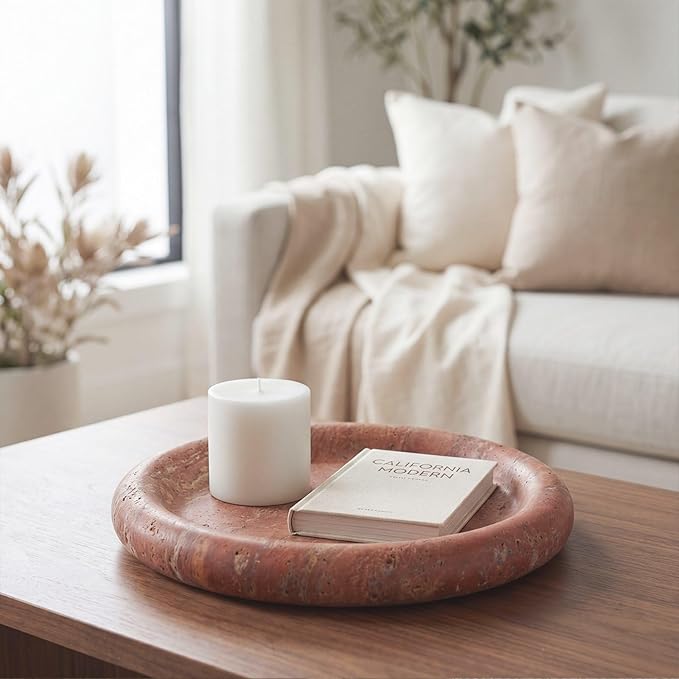 Red Travertine Makeup Organizer Tray - 8inch Round Decorative Storage Tray for Jewelry, Perfume, and Cosmetics | Natural Stone Vanity Tray for Bathroom, Bedroom, Coffee Table