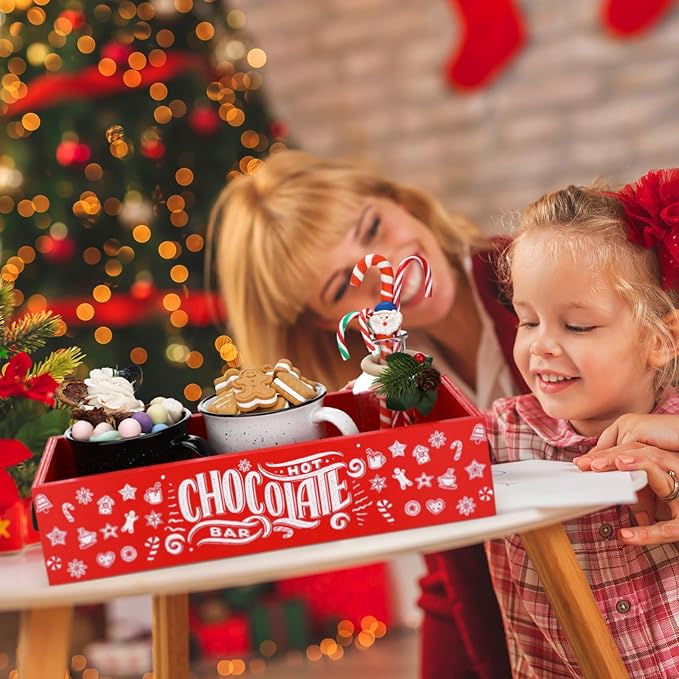 Soaoo Christmas Hot Cocoa Bar Wood Storage Box Cocoa Decorative Organizer Christmas Basket Organizer Bins Xmas Open Holder Box for Home Kitchen Office Holiday Gift(Red, White,Cane)