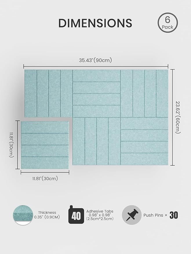 Bumusty Large Cork Board Alternative-36 x 24" Felt Bulletin Board Tiles, with 30 Pushpins, 40 Adhesive Tabs, Bold-Stripe 6-Pack, Cork Boards for Office Push Pin Board Felt Board-Aqua Blue